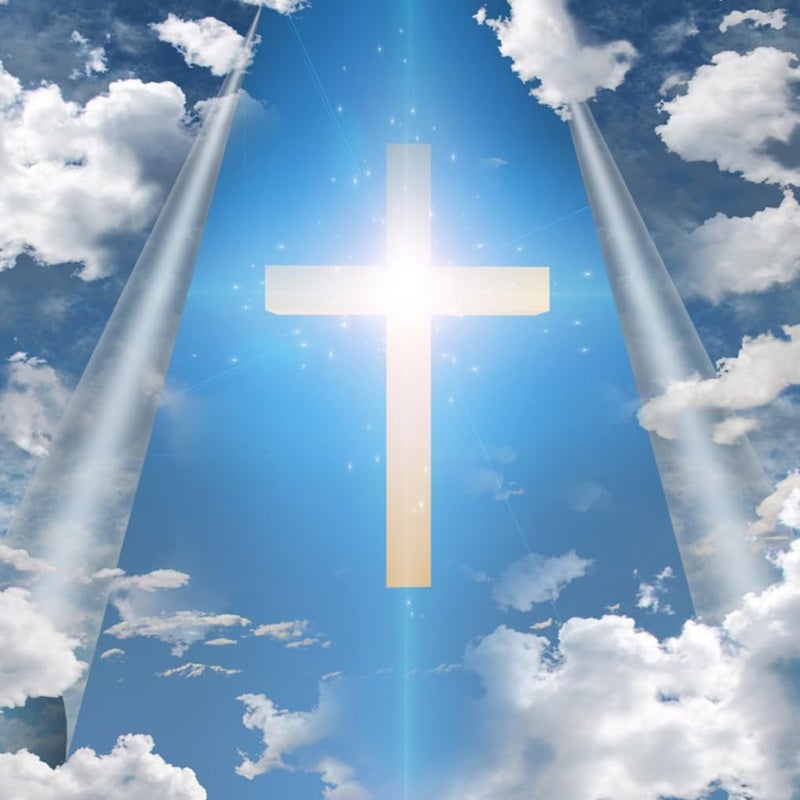 AOFOTO 5x5ft Christian Cross in Blue Sky Backdrop Divine Light Jesus Christ Easter Crucifix Photography Background Our Lord Resurrection Religious Lent Holy Week Passion Photo Studio Props Vinyl - Image 1